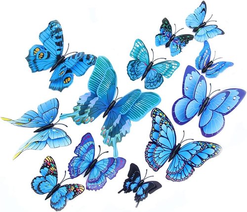 BOPART 3D Butterfly Decals - 24Pcs Magnetic Wall Decor Stickers for Party Crafts | Blue, 12 Styles, 4 Sizes