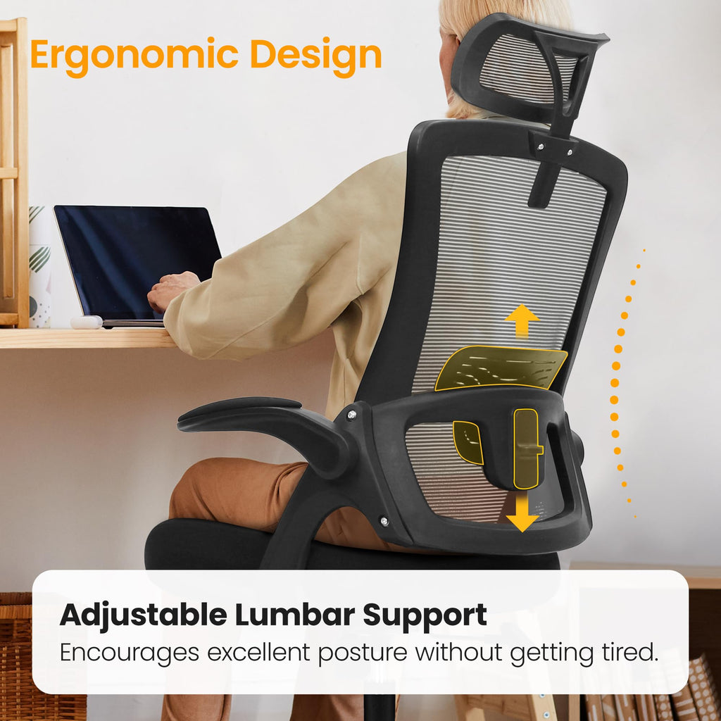 NEO Chair Ergonomic Office Desk Chair High Back Computer Gaming Mesh Chair with Comfy Task Adjustable Arms Lumbar Support Headrest Swivel for Home Office (Black)