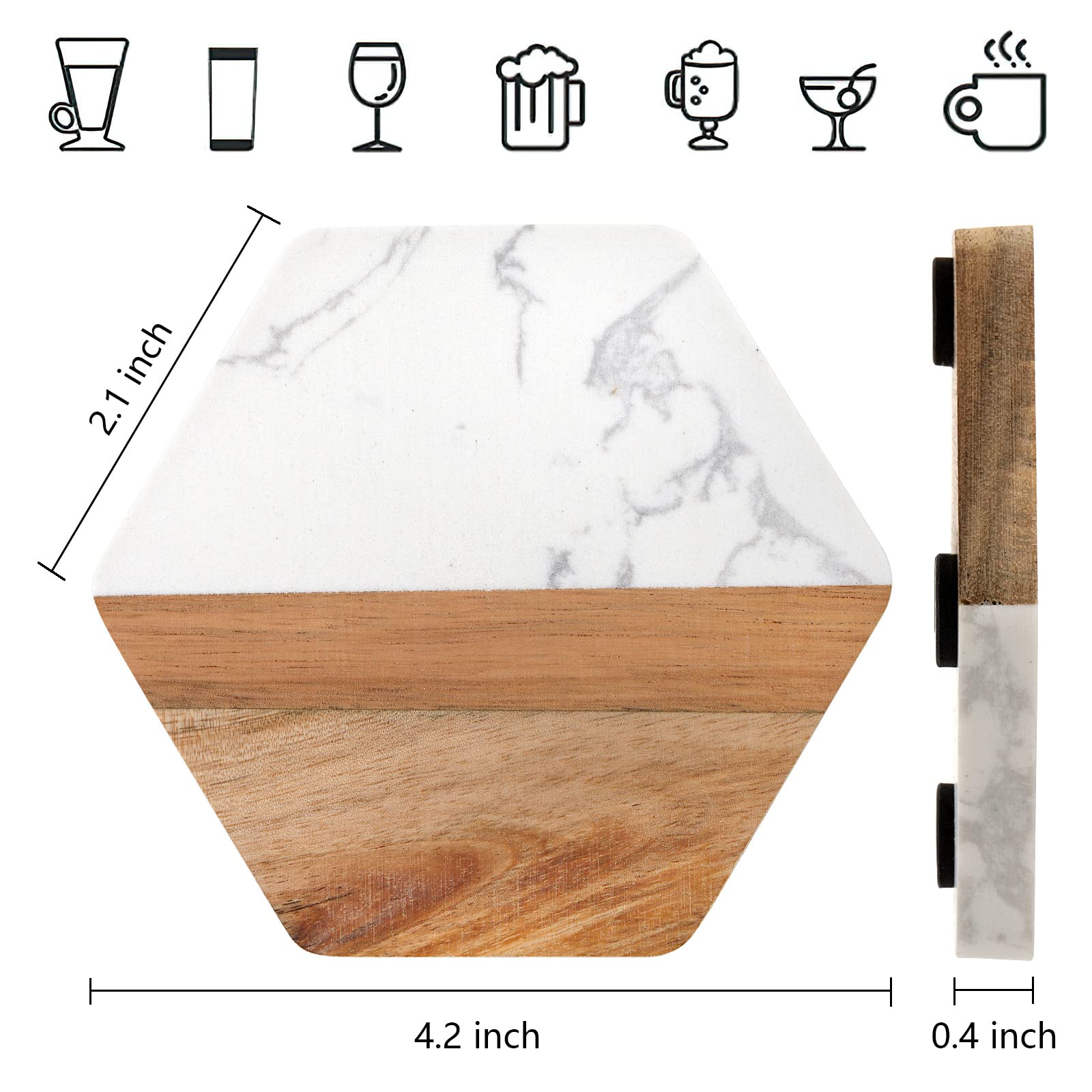 ZENFUN Set of 6 Marble Wood Coaster, Hexagon Geometric Coasters, Handcrafted Marble Coasters Set for Your Drinks and Beverages, Tea, Coffee, Wine/Bar Glasses, Tabletop Protection Helper