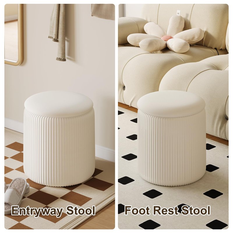 Round Ottoman with Storage Set of 2, White Vanity Stool, Upholstered Velvet Storage Ottomans, Makeup Chair Seat for Bedroom, Small Pouf Footstool for Living Room