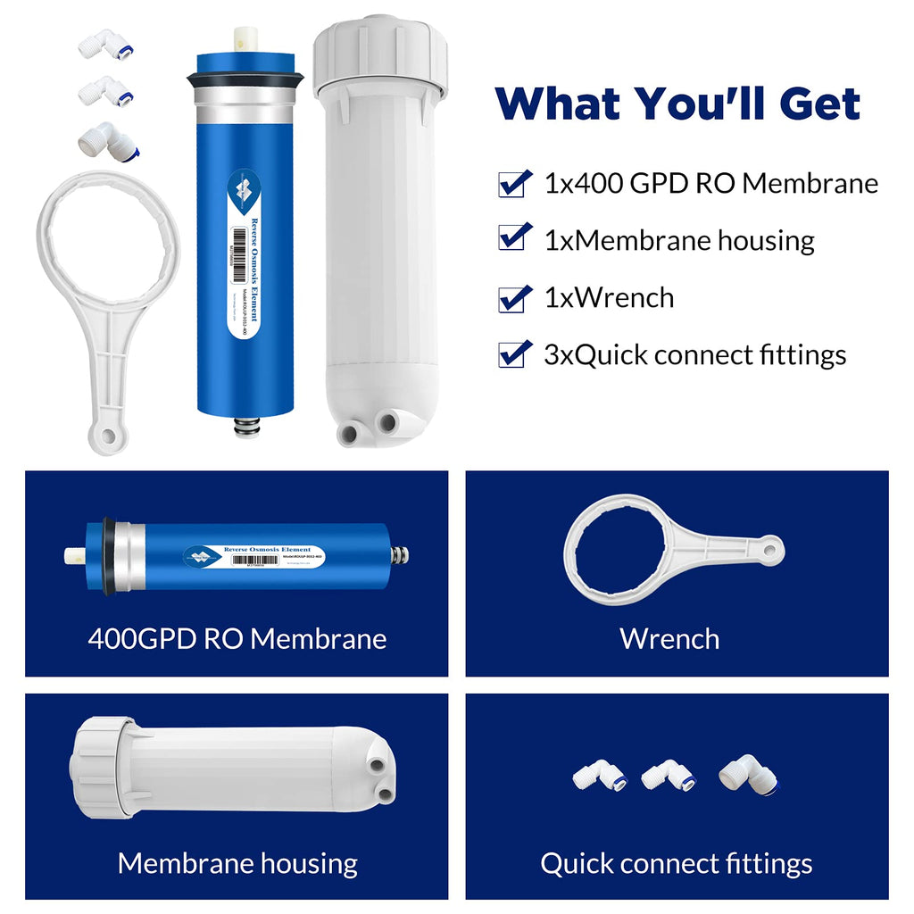 Membrane Solutions 400 GPD RO Membrane, Reverse Osmosis Membrane with Membrane Housing, 1/4" Quick-Connect Fittings, Check Valve, Replacement for Under Sink Home Drinking RO Water Filter System
