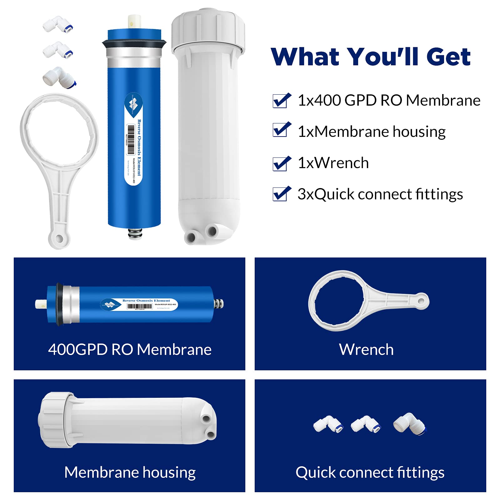 Membrane Solutions 400 GPD RO Membrane, Reverse Osmosis Membrane with Membrane Housing, 1/4" Quick-Connect Fittings, Check Valve, Replacement for Under Sink Home Drinking RO Water Filter System