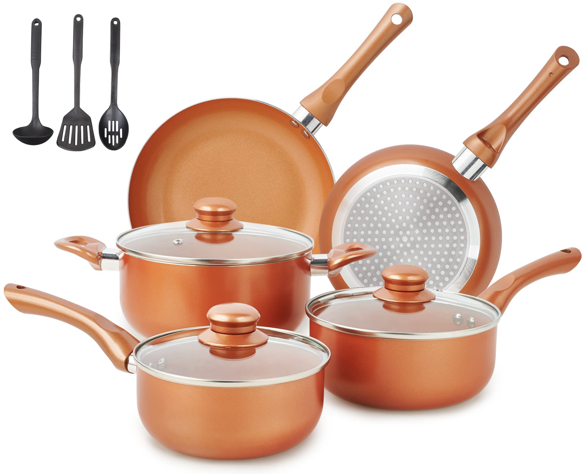 M MELENTA Pots and Pans Set Ultra Nonstick, Pre-Installed 11pcs Cookware Set Copper with Ceramic Coating, Stay cool handle & Nylon Kitchen Utensils, Gas/Induction Compatible, 100% PFOA Free