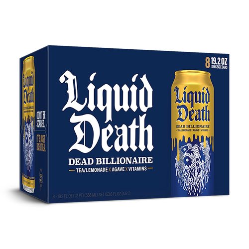 Liquid Death, Dead Billionaire Iced Tea, 8-Pack (19.2oz Cans), Half Lemonade Half Black Tea, Low Calorie, No Artificial Sweeteners, B12 & B6 Vitamins