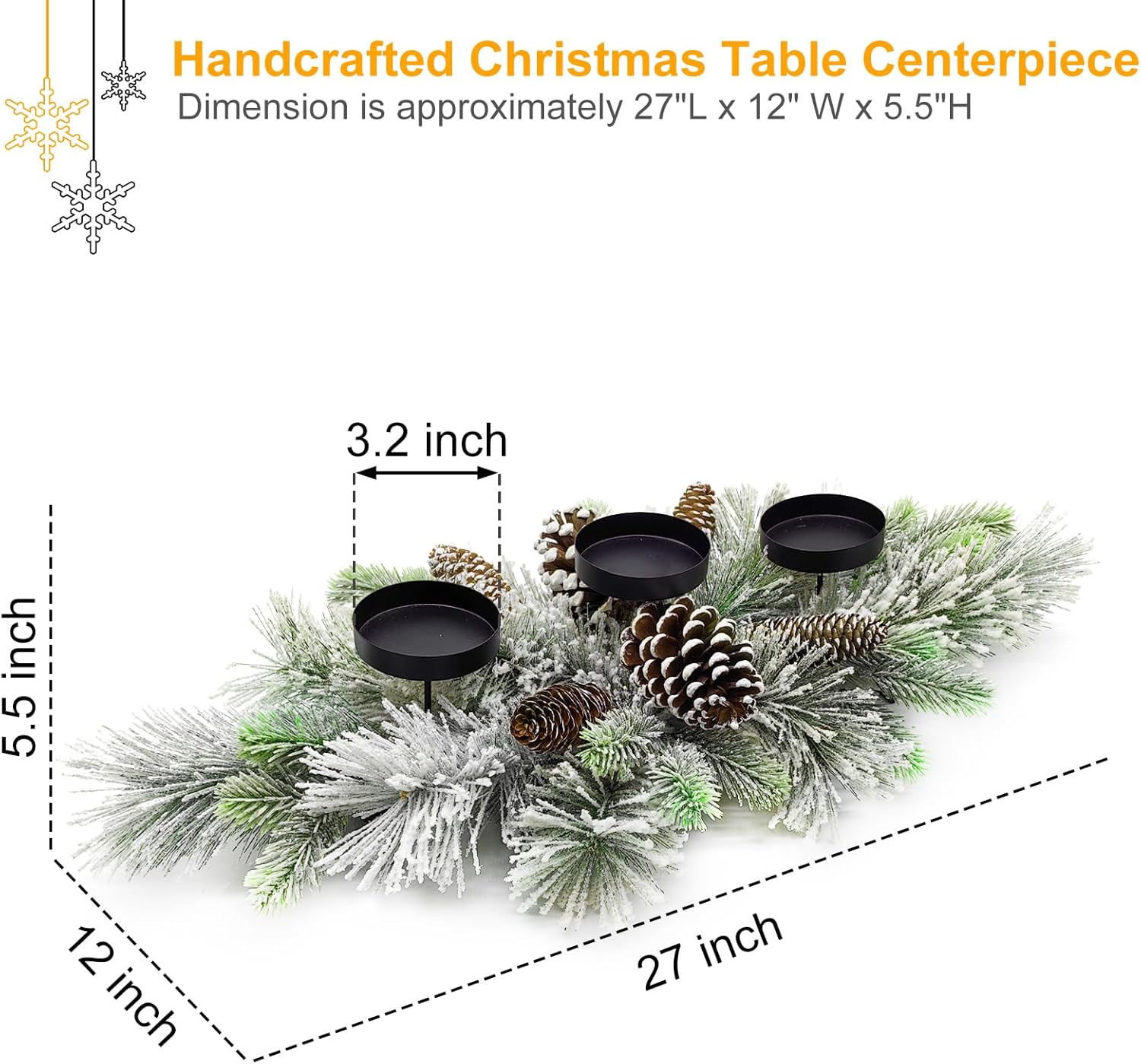 Regine Switzerland Christmas Table Centerpiece - 27.5 Inch Flocked Pine Needles & Frosted Pine Cones | Snowy Design