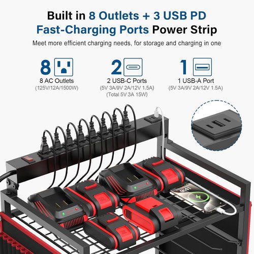 JUNNUJ Garage Tool Organizer Cart - Heavy Duty Rolling Storage with 8 Outlets & 3 USB Ports | Ideal for Power Tools