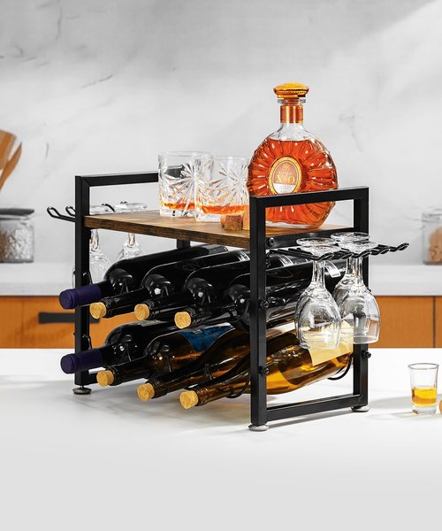 Vilaxing Countertop Wine Rack with Glass Holder and Wooden Tray, Holds 8 Bottles and 12 Glasses, Liquor Storage Stand Metal Frame for Home Decor Kitchen