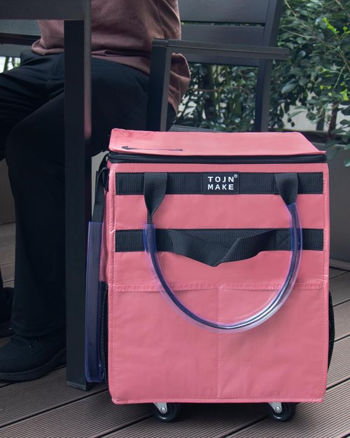 TOJNMAKE Reusable Grocery Bag On Wheels Shopping Trolley with 8 Pockets and Zipper Cover Foldable Rolling Tote, Heavy Duty Handles, Carries Up to 22 LBS (Small, Pink)