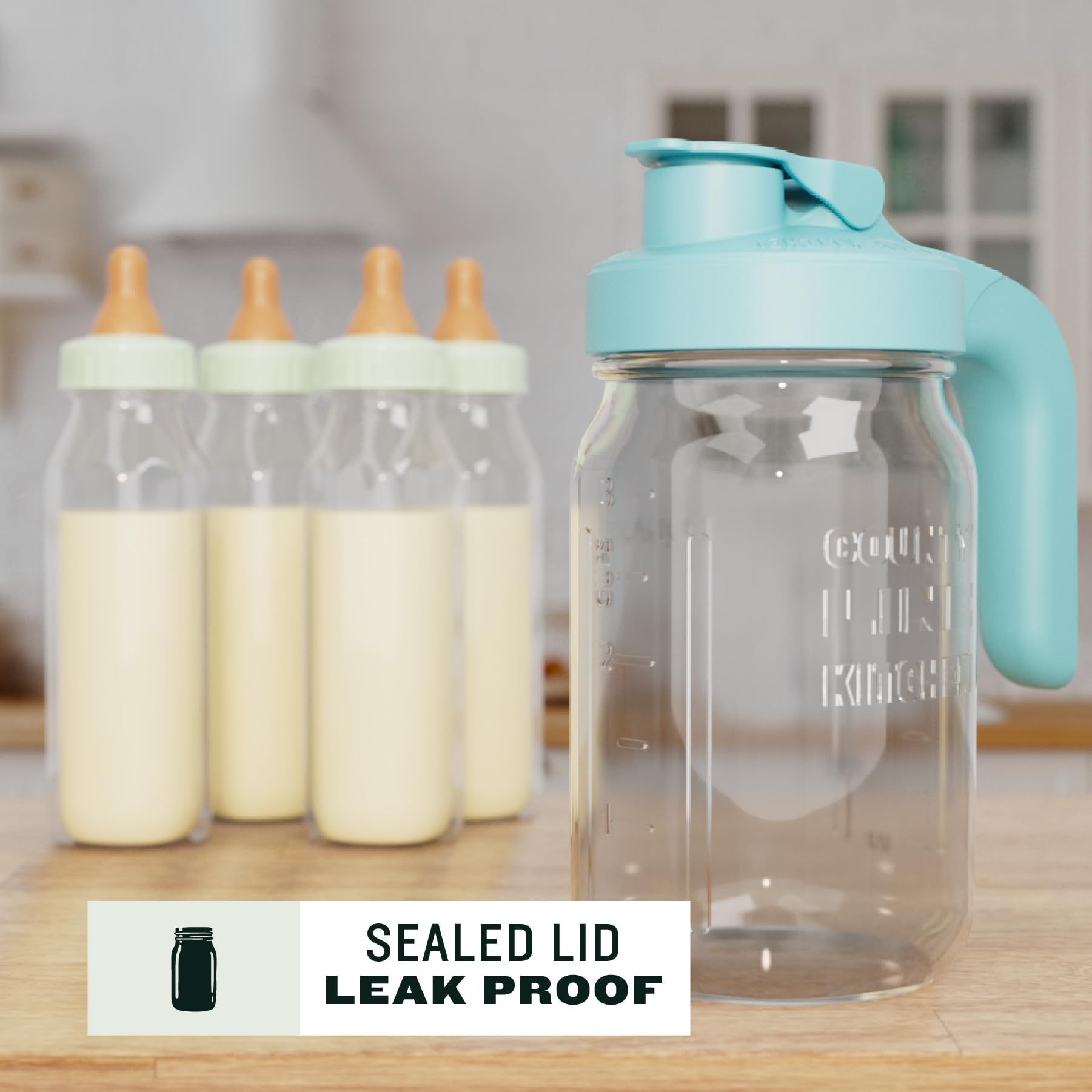 County Line Kitchen Glass Breast Milk Pitcher with Lid - Wide Mouth, 1 Quart (32 oz) - Heavy Duty, Leak Proof - Sun & Iced Tea Pitcher, Cold Brew Coffee, Breast Milk Storage, Water - Light Blue