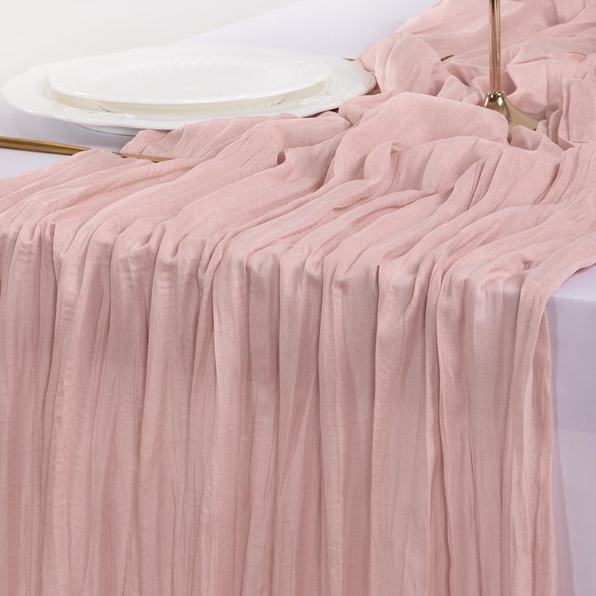 Socomi Pink Cheesecloth Table Runner - Boho Rustic Design for Weddings & Events | 120 Inch (10FT)