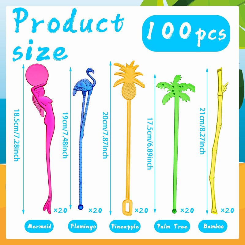Willinglong 100 Assorted Tropical Swizzle Sticks Bar Cocktail Stirrers Luau Palm Tree Flamingo Fun Reusable Novelty Beverage Cocktail Margarita Tiki Drink Stirring Sticks for Birthday Wedding Party