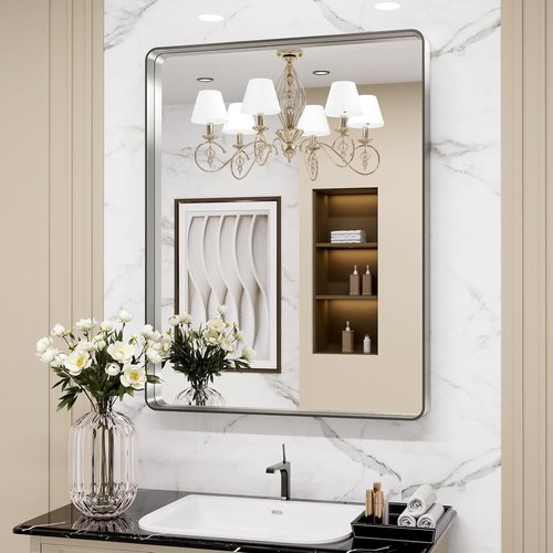 LOAAO Brushed Nickel Bathroom Mirror - 20x30 Inch Rounded Rectangle Design | Anti-Rust & Shatterproof