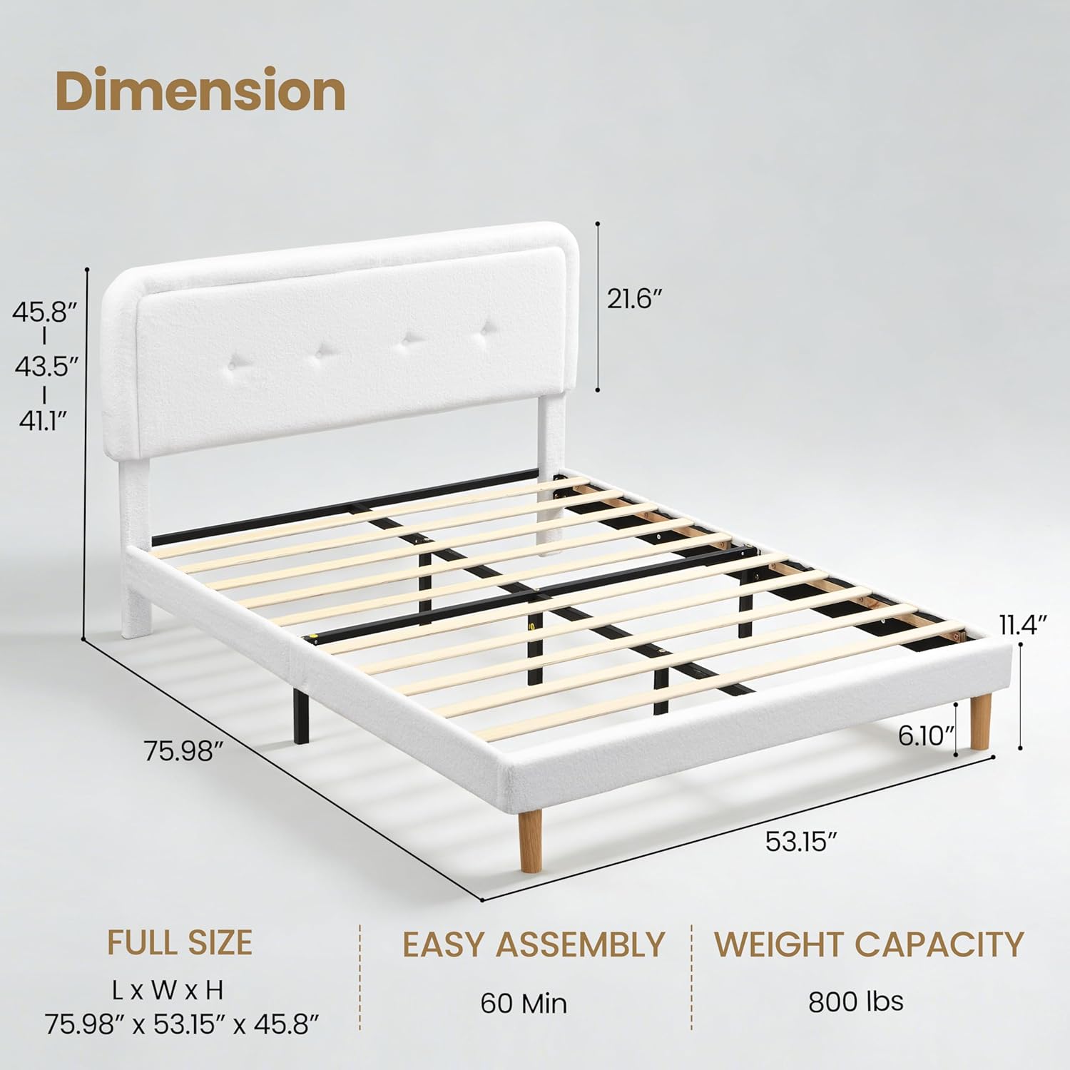 Skiennix Full Size Cloud Bed Frame - Adjustable Upholstered Headboard, Modern Boucle Fabric, Easy Assembly (White)