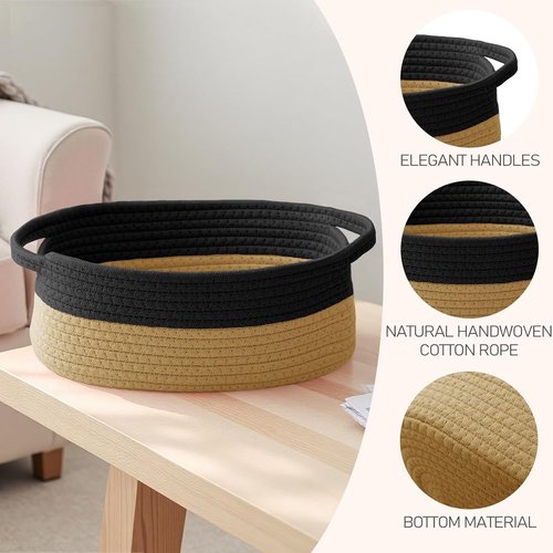 JMvicyroam Woven Storage Baskets - Small Rope Bins with Handles for Organizing Shelves & Closets | Black & Jute, 3-Pack