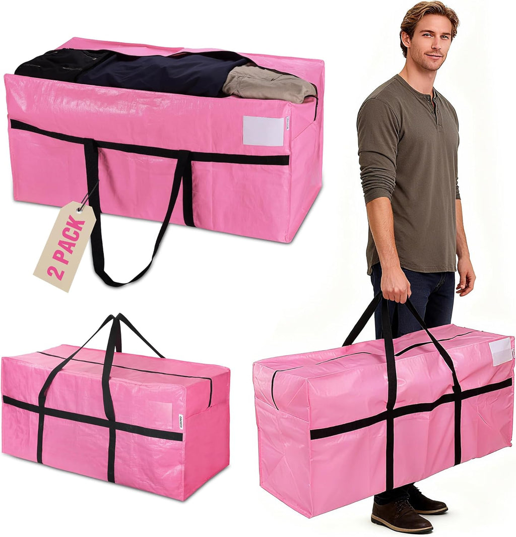 WORKPRO 66 Gallon Extra Large Moving Bags - Heavy-Duty, Water-Resistant Totes with Zippers & Handles | Pink