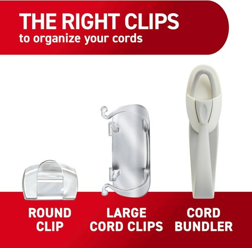 Command Round Cord Clips - Damage-Free Cable Hanging Solution | 13 Clear Clips & 16 Strips Included