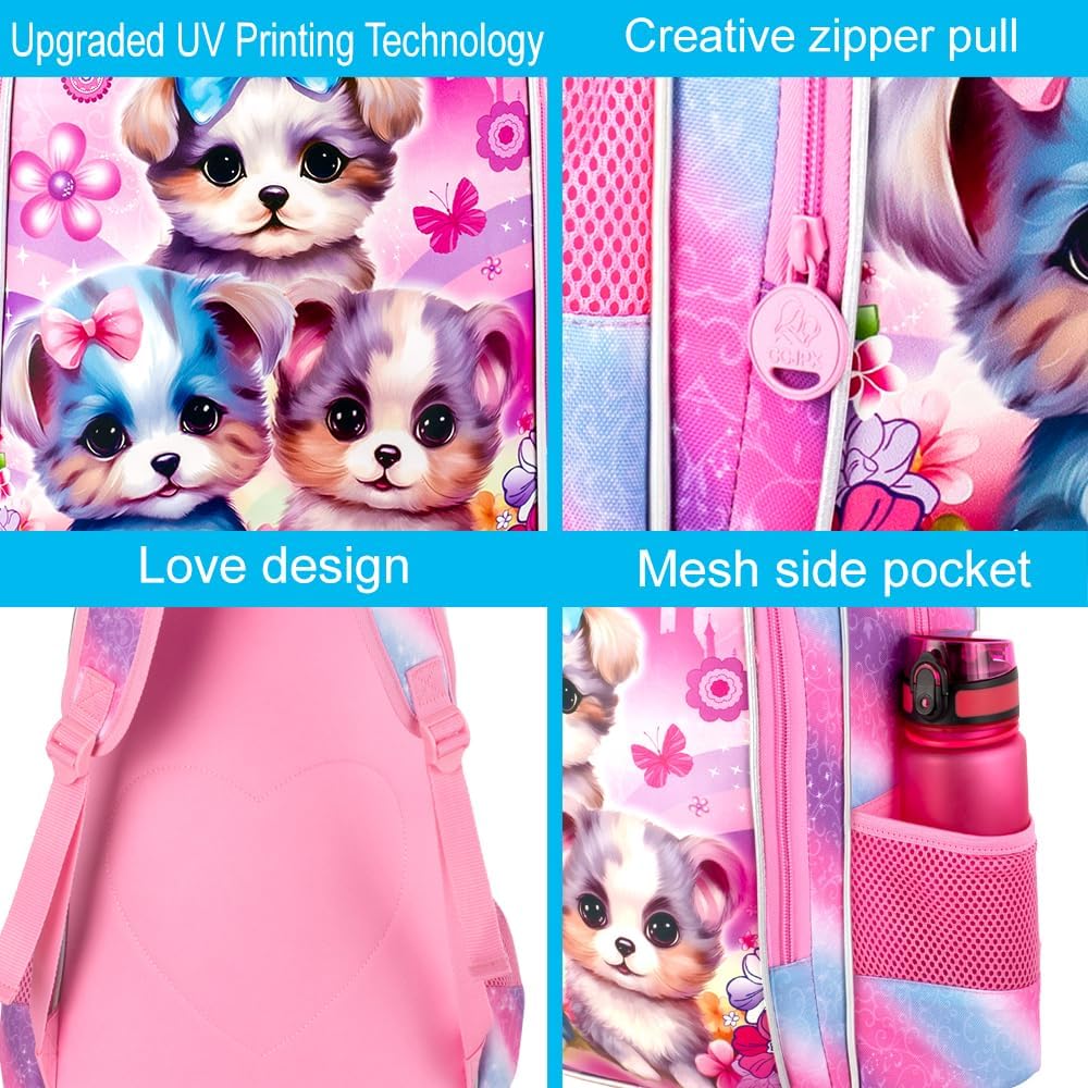gxtvo 3PCS Girls Dog Bookbag, 16" Kids Backpackwith Lunch Box, Water Resistant School Bag for Elementary Preschool Toddler