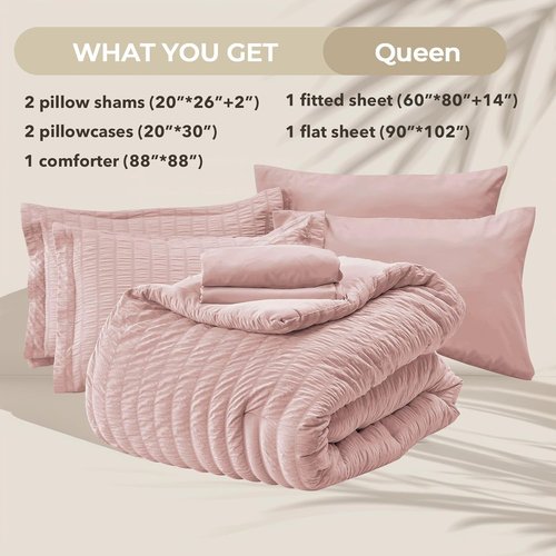 HYMOKEGE Rose Gold Queen Comforter Set - 7-Piece All-Season Luxury Bedding Set with Sheets & Pillowcases