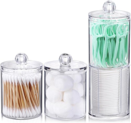AOZITA Acrylic Qtip Holder Dispenser - 4 Pcs Clear Plastic Apothecary Jar Set for Bathroom Storage