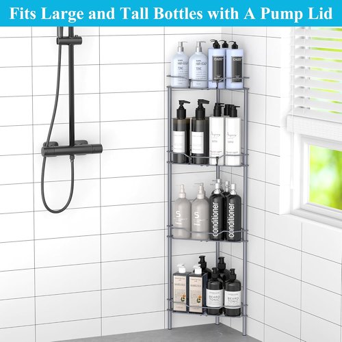 HuggieGems Corner Shower Caddy Organizer - 4 Tier Floor Standing Shelf with Hooks | Dark Gray