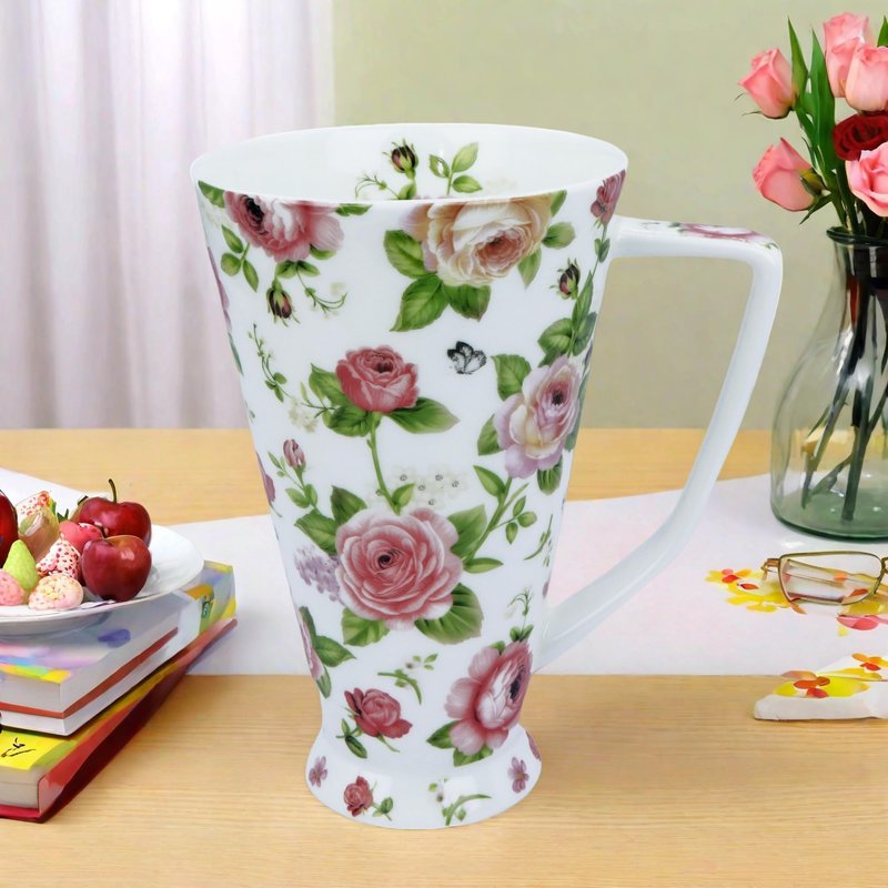 Glen Mila 17oz Cute Coffee Mug for Women Bone China Coffee Mug Cute Mugs Christmas Mugs Birthday Gifts for Mom Friends (white garden flower mug)