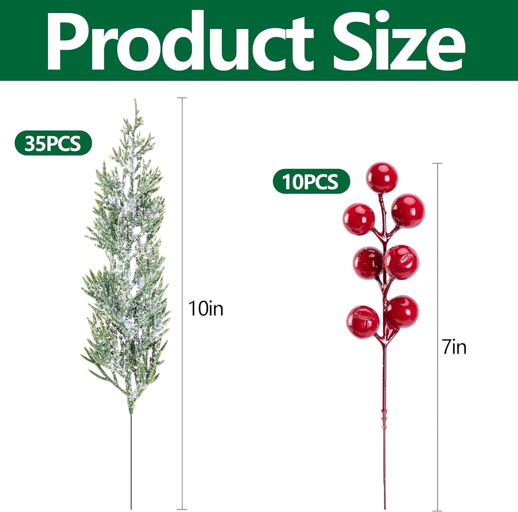 Skiennix 45 Pcs Artificial Christmas Snow Pine Branches - Snowy Faux Greenery with Red Berries for Festive Home Decor