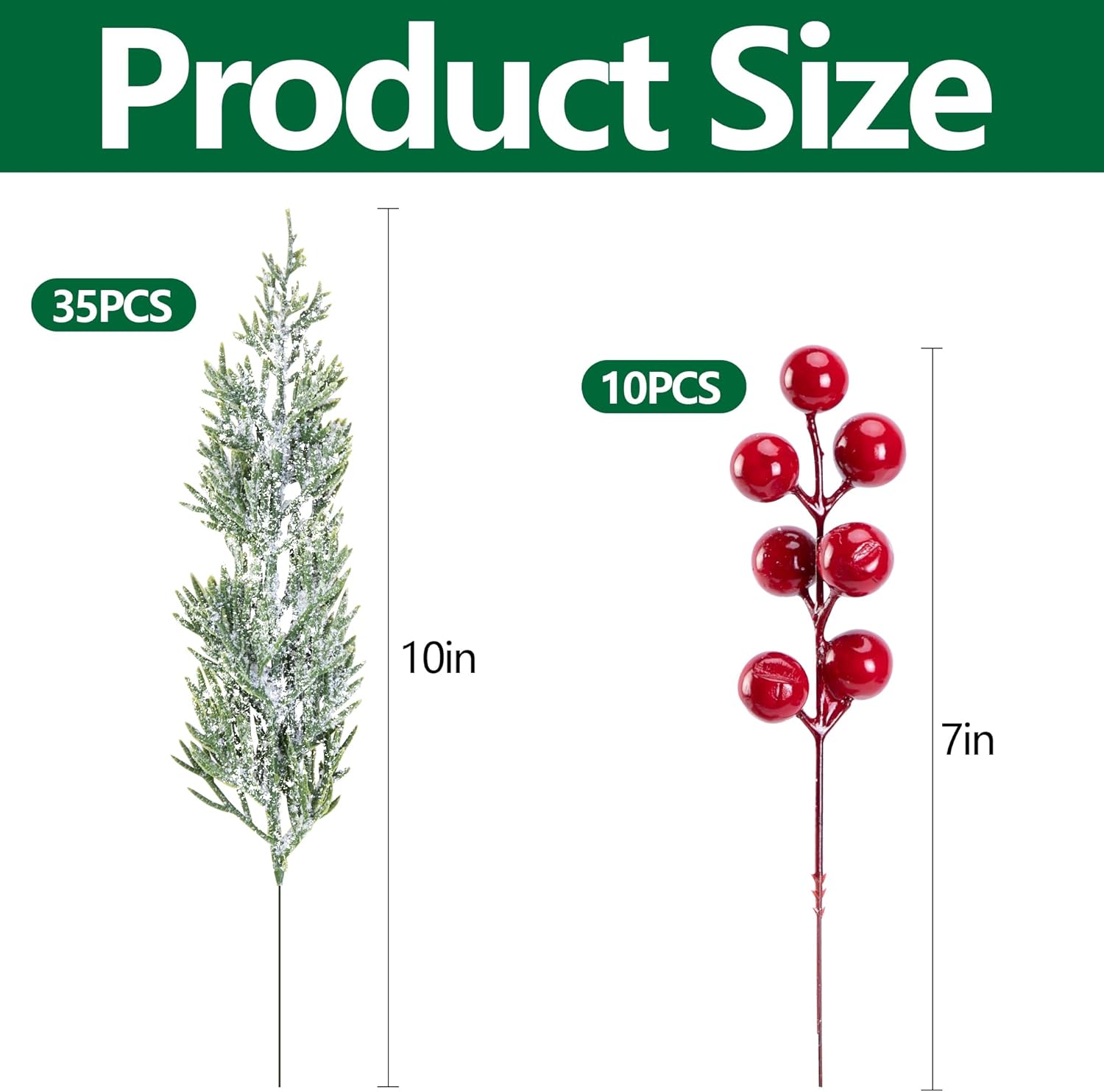 Skiennix 45 Pcs Artificial Christmas Snow Pine Branches - Snowy Faux Greenery with Red Berries for Festive Home Decor