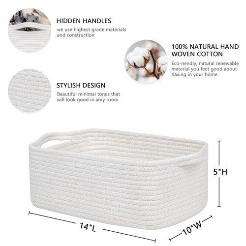 CubesLand Small Cotton Rope Basket - Cute & Durable Organizer for Toys, Bathroom, or Closet - White