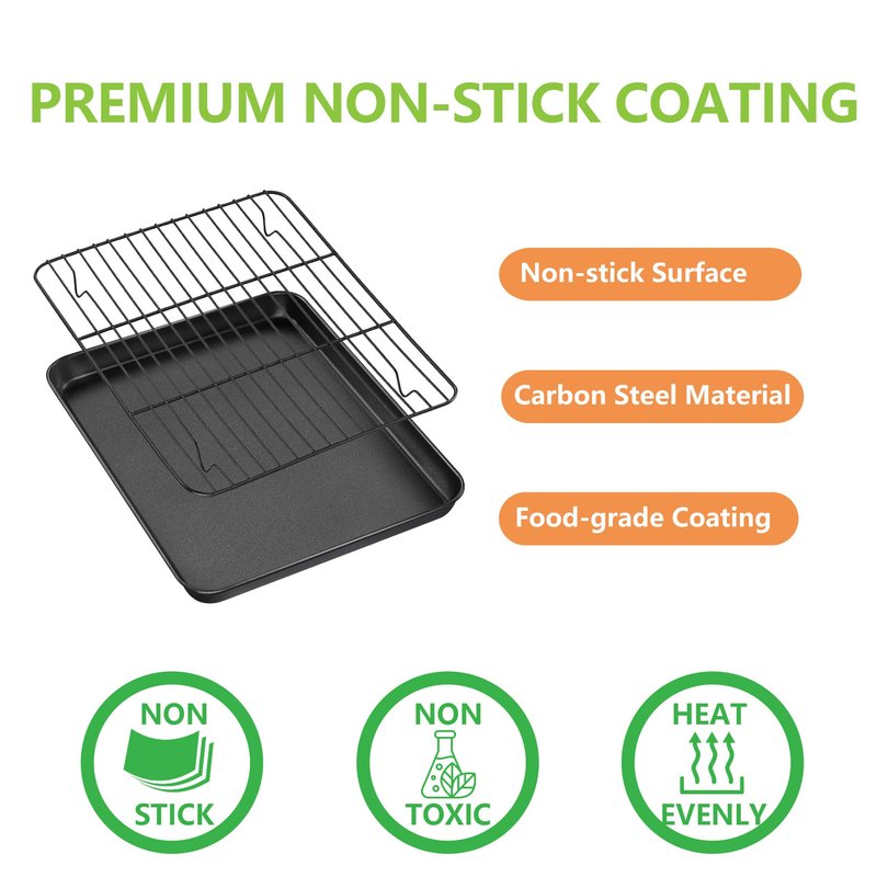 E-far Toaster Oven Pan with Rack Set, 10.5 x 8 x 1 Inch Nonstick Small Cookie Baking Sheet with Cooling Rack, Non-Toxic & Easy to Clean