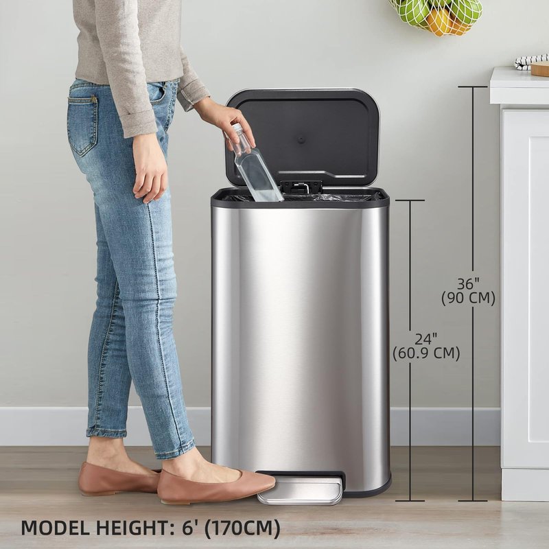 GlowSol Kitchen Trash Can with Lid, 8 Gallon Stainless Steel Garbage Can, Rectangular Step On Waste Bin with Foot Pedal & Inner Bucket, Quiet Close, for Kitchen Office