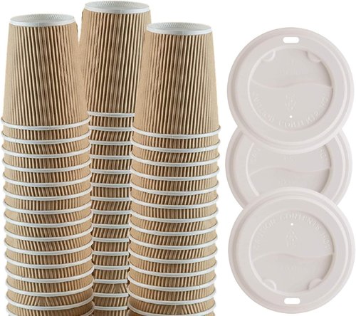 1InTheHome Disposable Coffee Cups with Lids, Paper Cups 10 oz, Insulated Ripple Wall, 50 Pack
