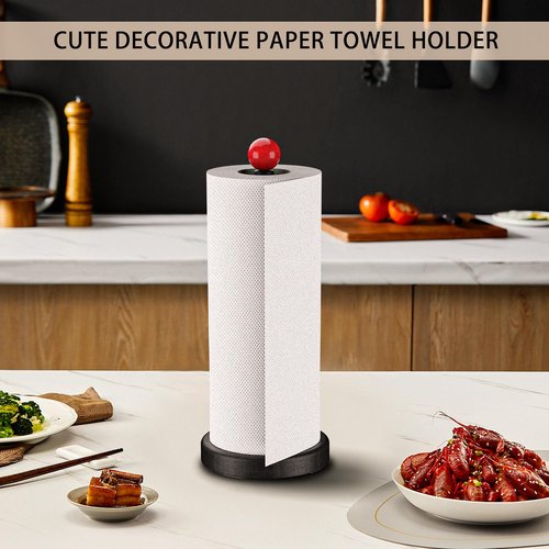 ISUGWRCQ Paper Towel Holder Countertop, Cute Red Ball Decorative Wooden Paper Towel Stand Kitchen Roll Freestanding Organizer, Wood Paper Towels Rolls - for Kitchen(Black)