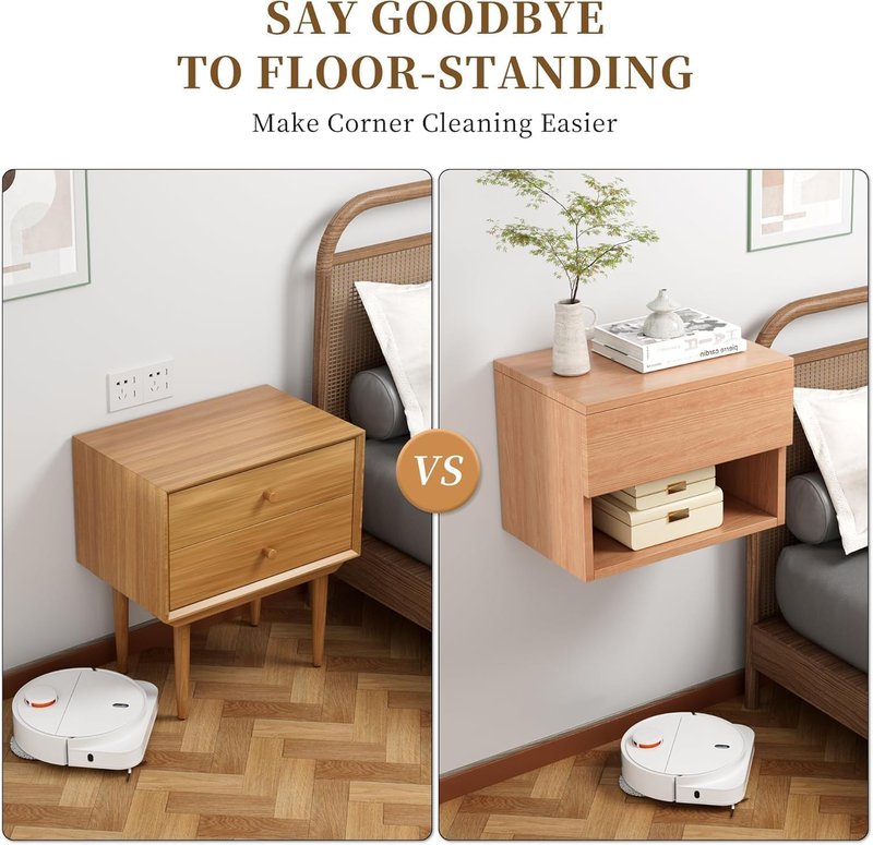 Floating Nightstand, Modern Wall Mounted Bedside Table with Drawer, Wood Bedside Shelf & Desk, End Table Wood Modern Night Stand for Bedroom (Beech QD1, Set of 1)
