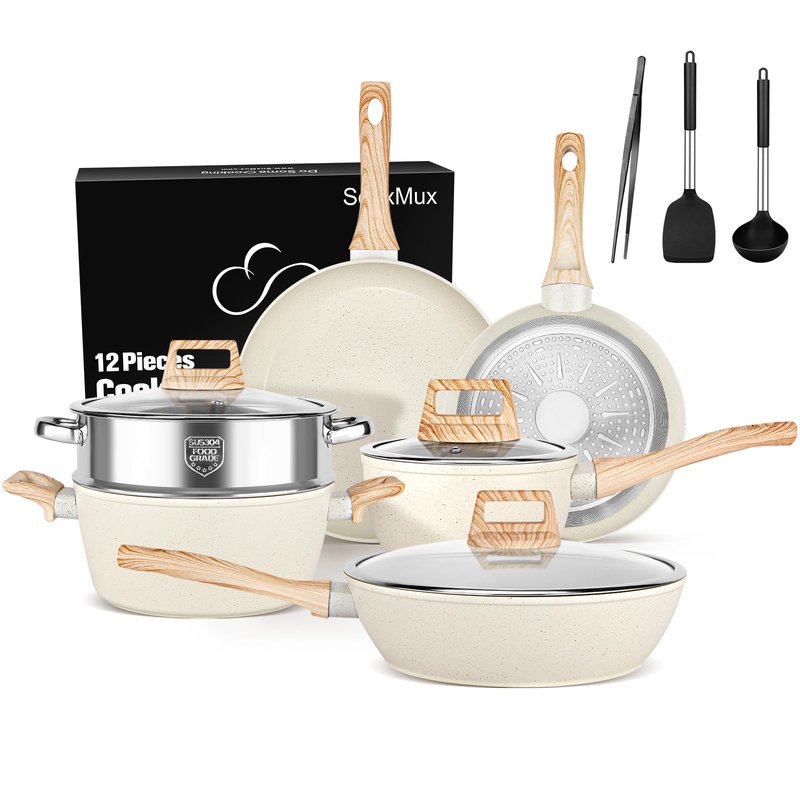 Granite Kitchen Cookware Set, 12 Pcs Non Stick Pots and Pans, Frying Pans, Saucepans, Steamer - Healthy, Non-toxic, PFAS and PFOA Free (WHITE)