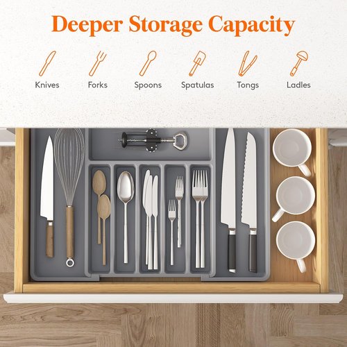 Lifewit Expandable Silverware Drawer Organizer - BPA Free Utensil Tray for Kitchen | Adjustable Gray 33-57 x 42cm