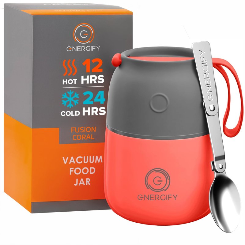 ENERGIFY Vacuum Insulated Food Jar. Large 12oz Bowl incl. Folding Spoon, Cup. Wide Mouth Keep Hot & Cold Drinks Soup Lunch Container for Adults. BPA-Free Stainless Steel, Leak Proof Fusion Coral