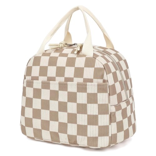Dezcrab Corduroy Lunch Box for Women Girls, Cooler Lunch Bags Reusable Insulated Lunchbox for Picnic School Work Travel (Checkered Brown)