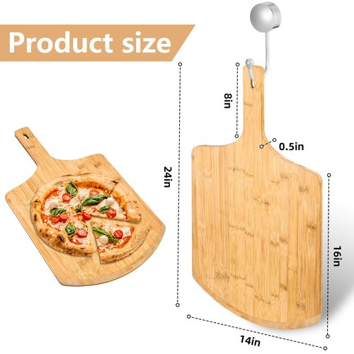 IQHLXN pizza peel 14 inch，16" L x 14" W Plate, with 8" L Wooden Handle, 24" Overall Length，Wooden Pizza Peel.14 IN Pizza Peels (Large)