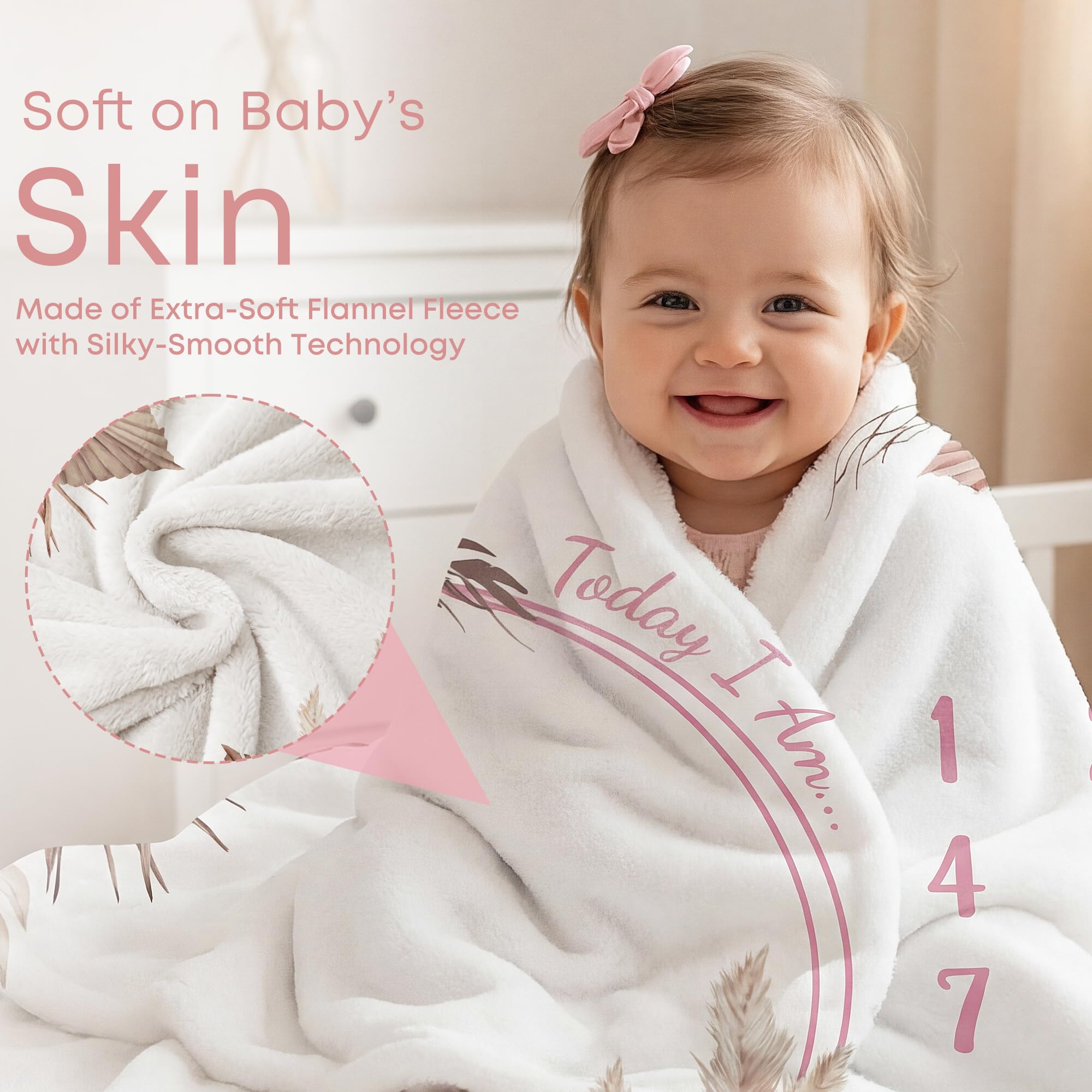 Warmther Baby Monthly Milestone Blanket, 40"x50" Flannel Monthly Milestone Photo Backdrop, Washable & Dryable, Floral Boho