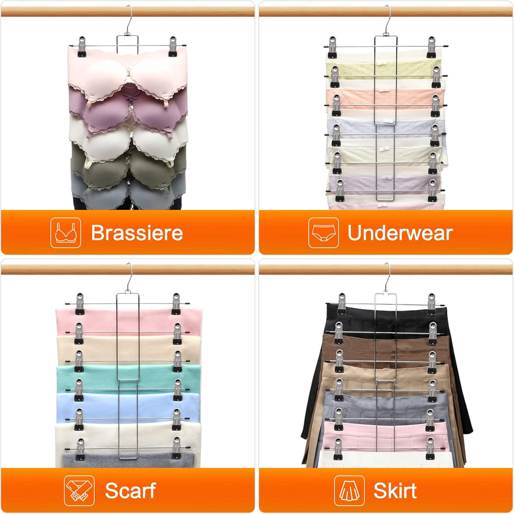 Skiennix 3-Pack Pants Hangers - Space-Saving 6-Tier Closet Organizers with Clips for Clothes Storage | Essential College Dorm Decor