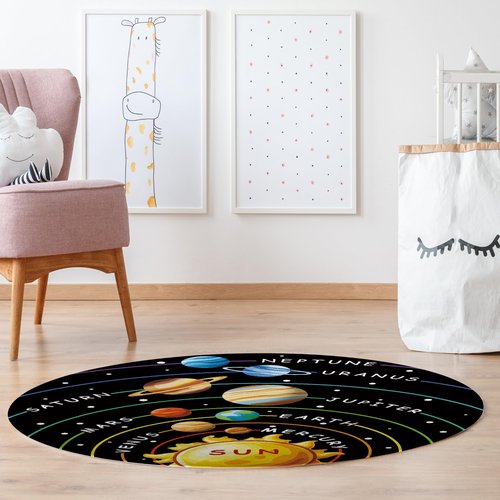 Cinbloo Space Rug for Kids Room Galaxy Solar System Area Round Mat for Boys Bedroom Educational Learning Planet Black Nursery Playroom Classroom Soft Floor Carpet (Black, 36"x36")