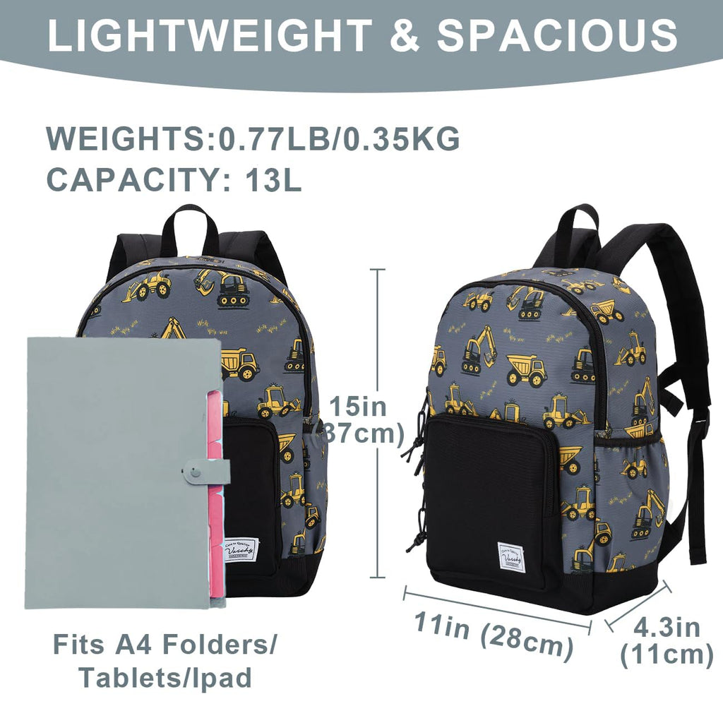 VASCHY Toddler Kids Backpacks, Cute Lightweight Water Resistant Preschool Backpack for Little Boys with Chest Strap Excavator