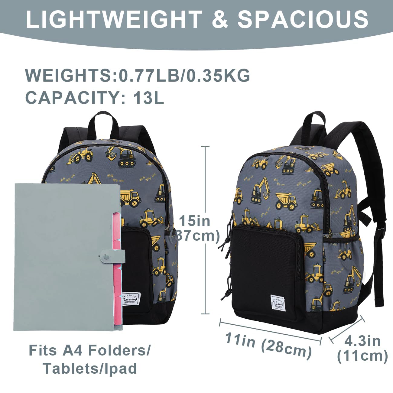 VASCHY Toddler Kids Backpacks, Cute Lightweight Water Resistant Preschool Backpack for Little Boys with Chest Strap Excavator