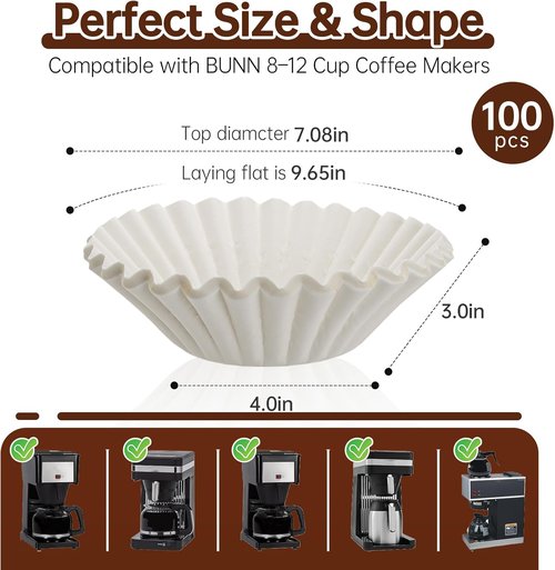 Bunn 100 Count Coffee Filters - Commercial Basket Filters for 8-12 Cup Brewers | Enhanced Brew Extraction, White Disposable Paper