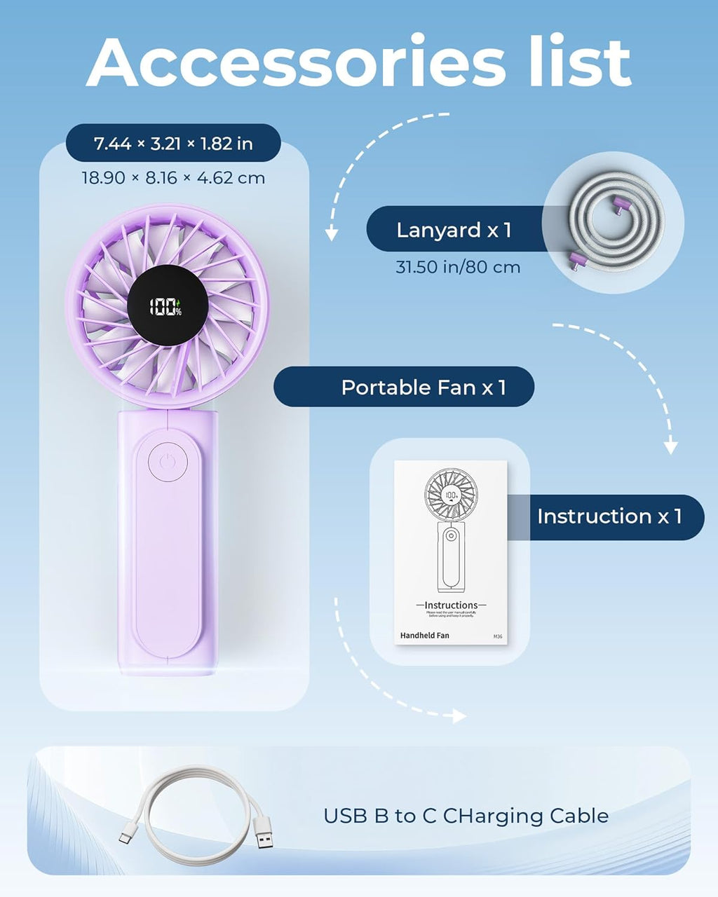 Peiyuu Portable Fan - 4000mAh USB Rechargeable Mini Desk Fan with 180° Foldable Design | Ultra Quiet, Pocket Size