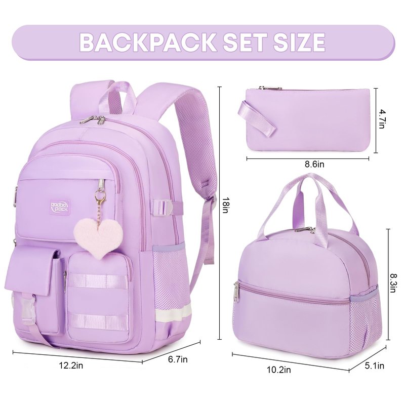 qodbopack 3PCS Student Backpack For School Women College Middle High Teen Girls Bookbag Waterproof Laptop Bag Purple
