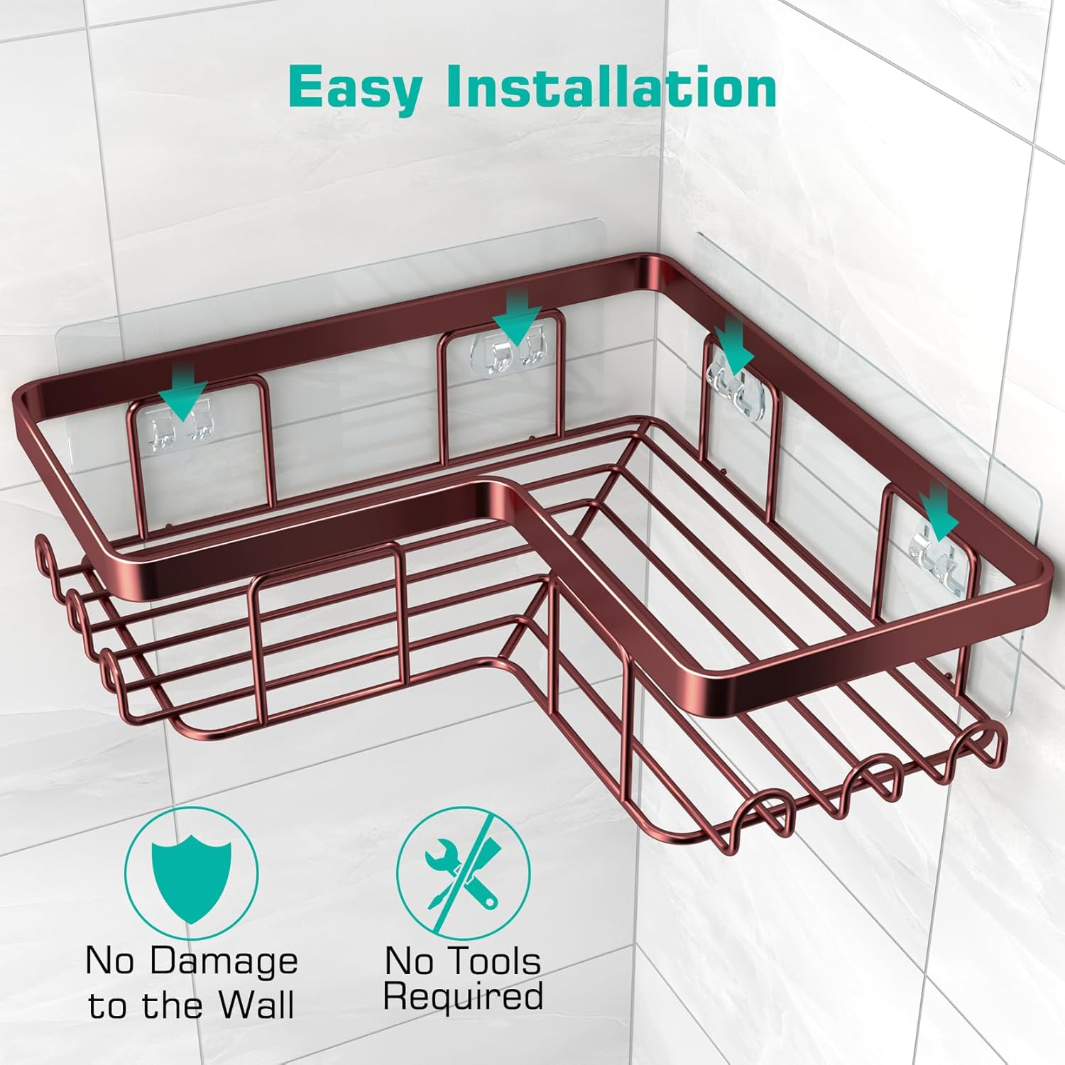 YASONIC Corner Shower Caddy - 3-Pack Adhesive Organizer with Soap Holder & 12 Hooks | Rustproof Stainless Steel, Bronze