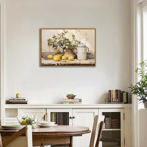 XLARTMY Framed Vintage Kitchen Wall Art, Yellow Lemon Still Life Wall Art Oil Paintings, Rustic Farmhouse Artwork Canvas Posters Prints Pictures for Living Room Bedroom 16x24In