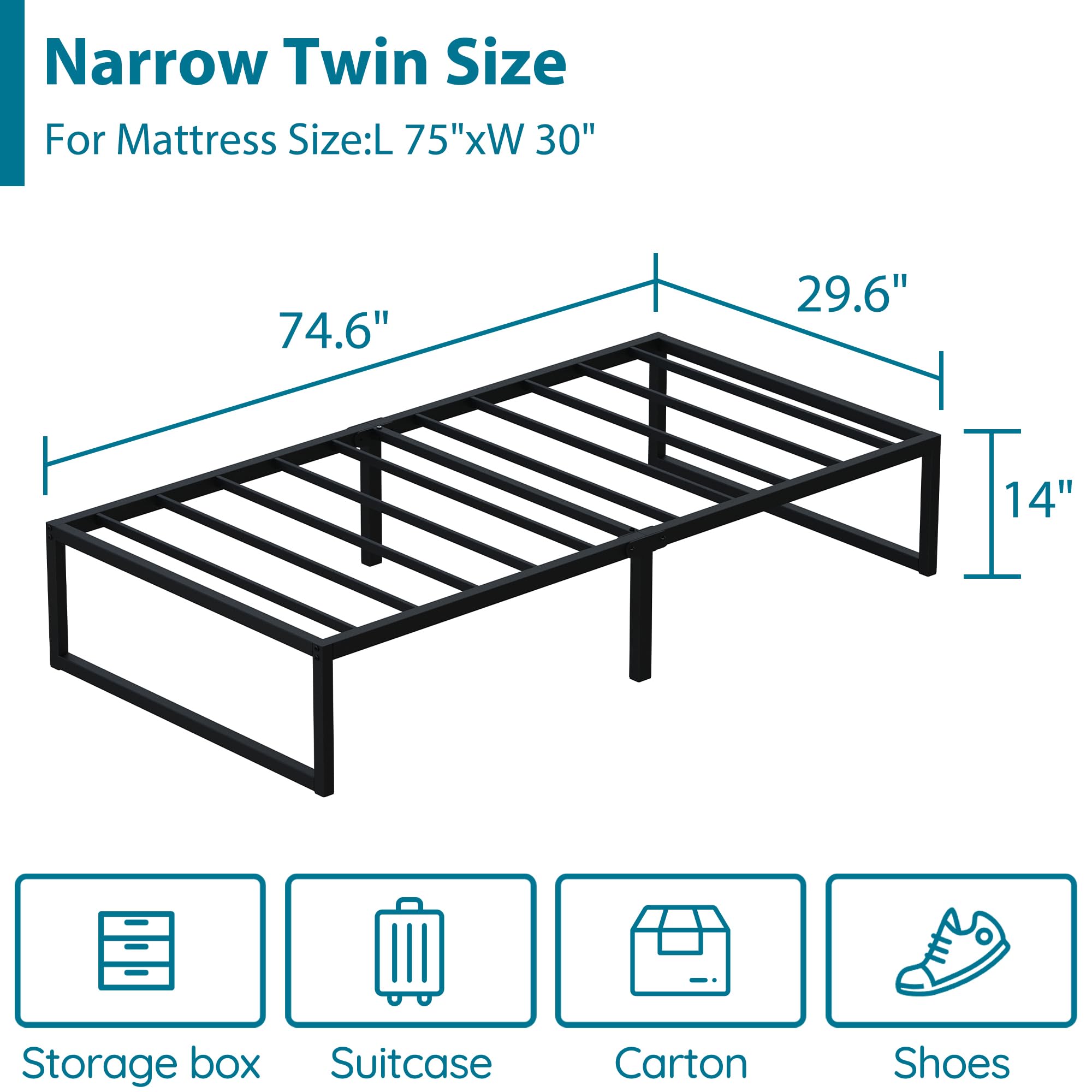EMODA 14 Inch Narrow Twin Bed Frame 30x75, Heavy Duty Metal Platform No Box Spring Needed, Easy Assembly Noise Free, Black