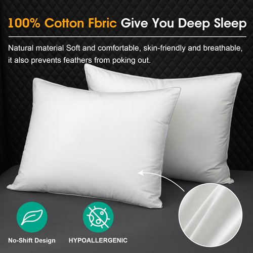 Ivellow White Goose Feather Pillows Queen Size Set of 2 Hotel Down Bed Pillows for Sleeping Soft 600TC 100% Cotton Cover Medium Firm Cloud Soft Breathable Fluffy Pillow for Back Side Stomach Sleepers